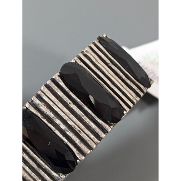 Attitudes Black Glass Bracelet Industrial Modernist Silver Tone Stretch 6.5" - Picture 5 of 9